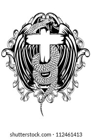 Vector illustration of snakes twists cross wings and pattern on white background