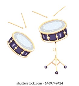 Vector illustration of a snare drum. Classical musical instruments. Warm and golden colors. Isolated objects. White background