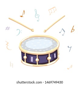 Vector illustration of a snare drum with musical symbols. Classical musical instruments. Warm and golden colors. Isolated objects. White background