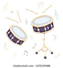 Vector illustration of a snare drum with musical symbols. Classical musical instruments. Warm and golden colors. Isolated objects. White background