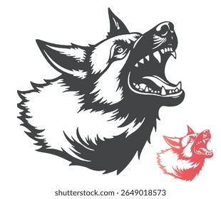 A vector illustration of a snarling German Shepherd dog head with an open mouth, showing teeth, in black and red.