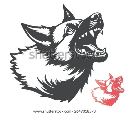 A vector illustration of a snarling German Shepherd dog head with an open mouth, showing teeth, in black and red.