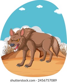 Vector illustration of a snarling wolf outdoors.