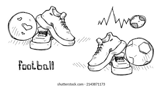 Vector illustration of sneakers with a ball. Football elements are hand drawn. Drawing for design and polygraphy.