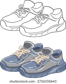 Vektorgrafik von Turnschuhen in schwarz-weißem Umriss und in den Farben Blau und Grau