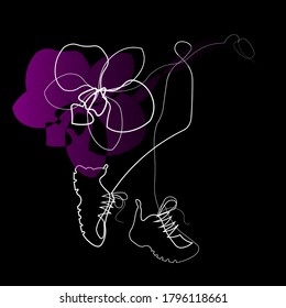 Vector illustration of sneakers and flower. Sports shoes in a line style. Continuous one line