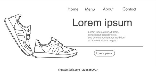 Vector illustration of sneakers. Sports shoes in a line style. Continuous one line.  Can used for logo, emblem, slide show and banner. Illustration with quote template. 