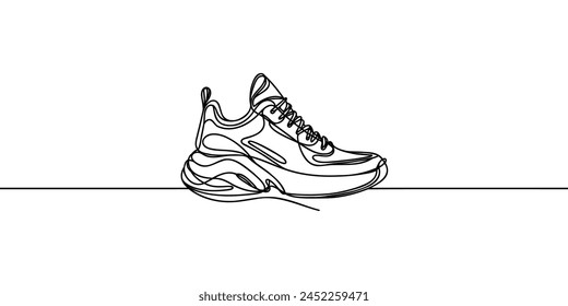 Vector illustration of sneakers sports shoes in a continuous one line isolated white background.