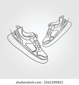 Vector illustration of sneakers sports shoes. Social media ad. Hand drawn sneakers, gym shoes. Doodle vector illustration. Sports shoes in a line style. Continuous one line. 