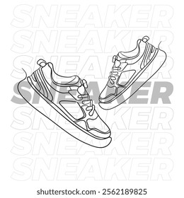 Vector illustration of sneakers sports shoes. Social media ad. Hand drawn sneakers, gym shoes. Doodle vector illustration. Sports shoes in a line style. Continuous one line. 