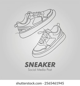 Vector illustration of sneakers sports shoes. Social media ad. Hand drawn sneakers, gym shoes. Doodle vector illustration. Sports shoes in a line style. Continuous one line. Sneaker social media post 