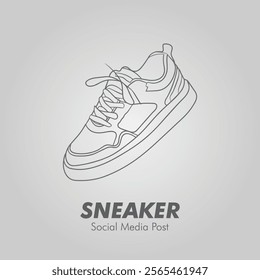 Vector illustration of sneakers sports shoes. Social media ad. Hand drawn sneakers, gym shoes. Doodle vector illustration. Sports shoes in a line style. Continuous one line. Sneaker social media post 