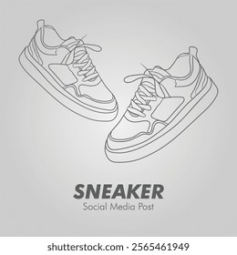 Vector illustration of sneakers sports shoes. Social media ad. Hand drawn sneakers, gym shoes. Doodle vector illustration. Sports shoes in a line style. Continuous one line. Sneaker social media post 