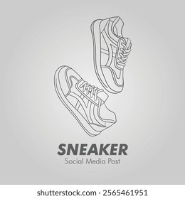 Vector illustration of sneakers sports shoes. Social media ad. Hand drawn sneakers, gym shoes. Doodle vector illustration. Sports shoes in a line style. Continuous one line. Sneaker social media post 