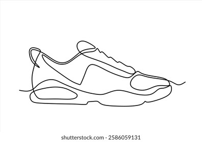 Vector illustration of sneakers. Sports shoes in a line style. Continuous one line. Can used for logo, emblem, slide show and banner.