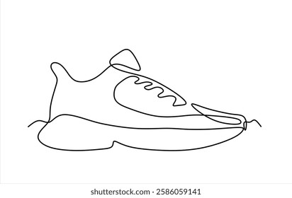 Vector illustration of sneakers. Sports shoes in a line style. Continuous one line. Can used for logo, emblem, slide show and banner.