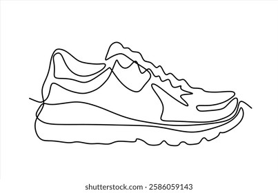 Vector illustration of sneakers. Sports shoes in a line style. Continuous one line. Can used for logo, emblem, slide show and banner.