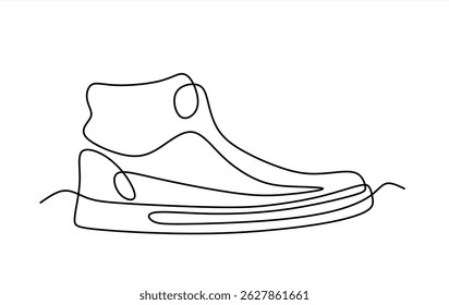 Vector illustration of sneakers. Sports shoes in a line style. Continuous one line. Can used for logo, emblem, slide show and banner. Editable stroke.	