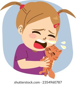 Vector illustration of sneezing girl having cat allergy holding cat. Female child suffering allergic reaction to kitty pet