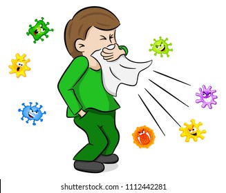 vector illustration of a sneezing man with germs