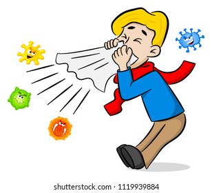 vector illustration of a sneezing man with germs