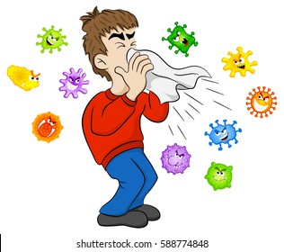 Vector Illustration Of A Sneezing Man With Germs