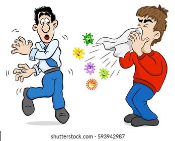 vector illustration of a sneezing man with germs