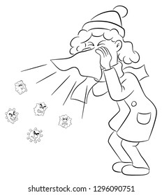 vector illustration of a sneezing woman with germs