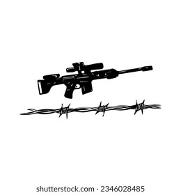 vector illustration of sniper rifle and barbed wire