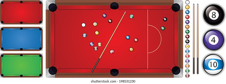 Vector Illustration Of Snooker Table In Red,green And Blue Color With A Cue And Balls, Isolated 