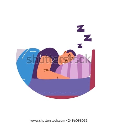 Vector illustration of a snoring man. Male character with snoring problem sleeping in bed, closeup flat design on isolated background, ideal for health stickers.