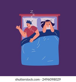 Vector illustration of a snoring scene with a male character in bed and a worried woman covering her ears. Problems with snoring, sleep apnea and nighttime discomfort. Flat style with top view.