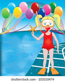 Vector Illustration of Snorkel Girl at pool party with balloons