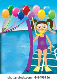 Vector Illustration of Snorkel Girl at pool party with balloons.