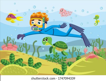 Vector Illustration Of Snorkeling Boy Cartoon 