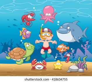 Vector illustration of Snorkeling boy under the sea