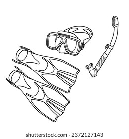 Vector illustration of snorkeling equipment set hand drawn sketch, Containing snorkel, pairs fins or flippers and mask,  isolated on white background