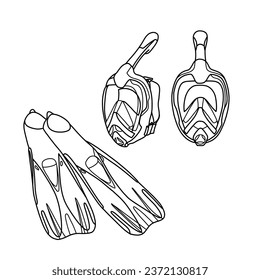 Vector illustration of snorkeling equipment set hand drawn sketch, Containing pairs fins or flippers and full face mask,  isolated on white background