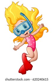 Vector Illustration Of Snorkeling Girl Cartoon