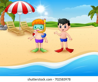 Vector illustration of Snorkeling kids standing on beach