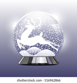 Vector illustration of snow ball with a Christmas deer and snow. New Year's ball with Christmas deer with snowflakes