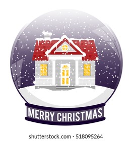 Vector illustration of snow ball with country house. New Year's ball with Christmas house with snow