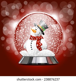 Vector illustration of snow ball with a snowman and snow. New Year's ball with Christmas snowman with snowflakes