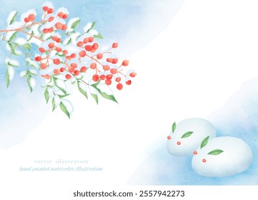 Vector illustration of snow bearer Nanten and snow rabbit drawn in watercolor