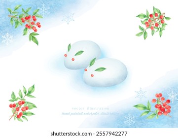 Vector illustration of snow bearer Nanten and snow rabbit drawn in watercolor