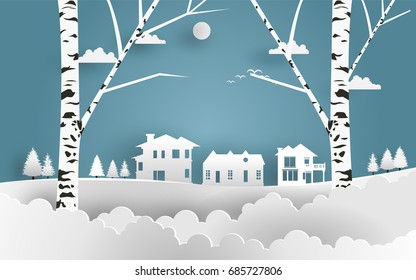 vector illustration of snow. beauty landscape snow hill and village paper art