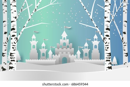 vector illustration of snow. big castle in snow fall. paper art