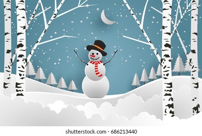 vector illustration of snow. big snowman in snow forest. paper art style