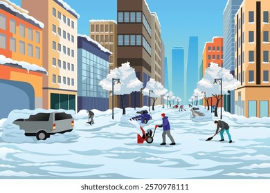 A vector illustration of Snow Blizzard Storm in City During Winter