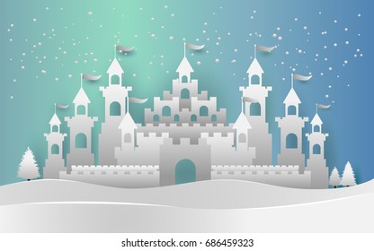 vector illustration of snow. castle in snow fall. paper art